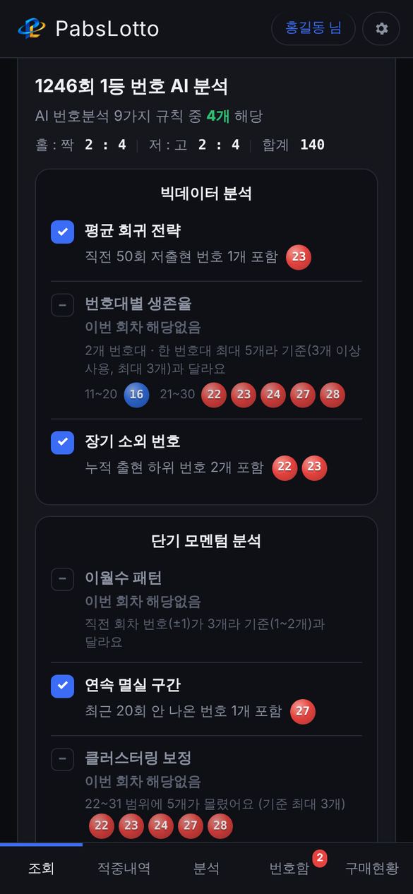 PabsLotto 실제 화면