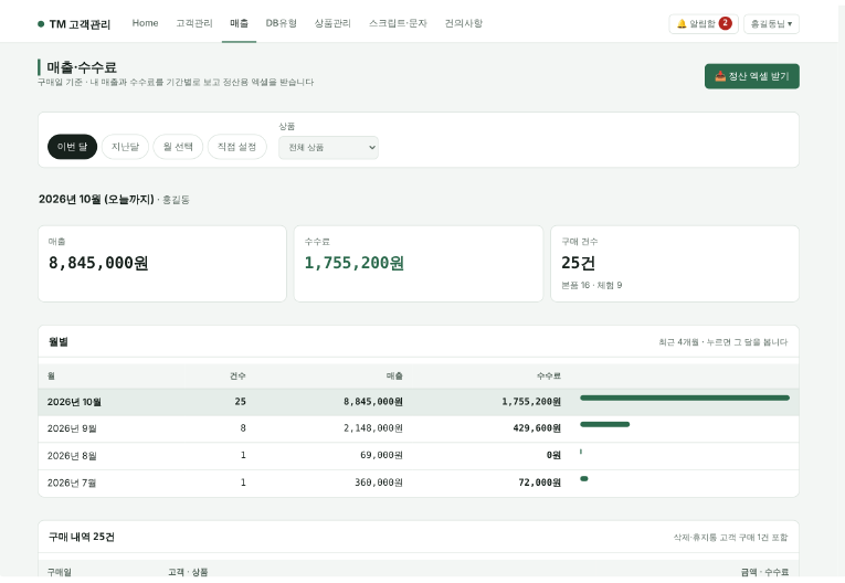 매출 · 수수료 화면